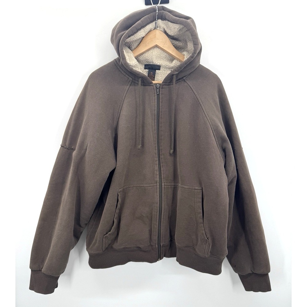 VTG Y2K Men Hoodie Shearling Lined Full Zip Sweatshirt XL Pocket Grunge Thrashed